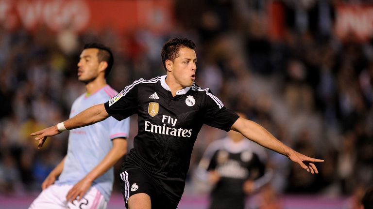 VIGO, SPAIN - APRIL 26:  Javier 'Chicharito' Hernandez of Real Madridn celebrates after scoring Real's 4th goal 