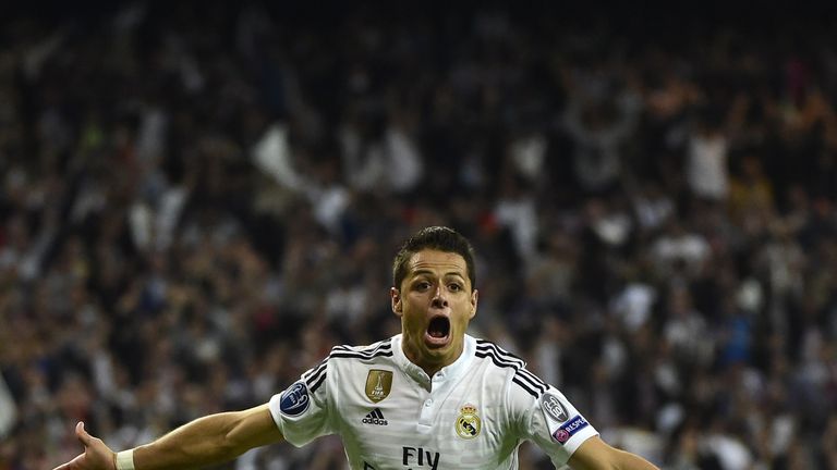 Real Madrid's Mexican forward Javier Hernandez celebrates on April 22, 2015.  
