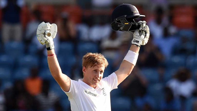 Joe Root celebrates his century against West Indies