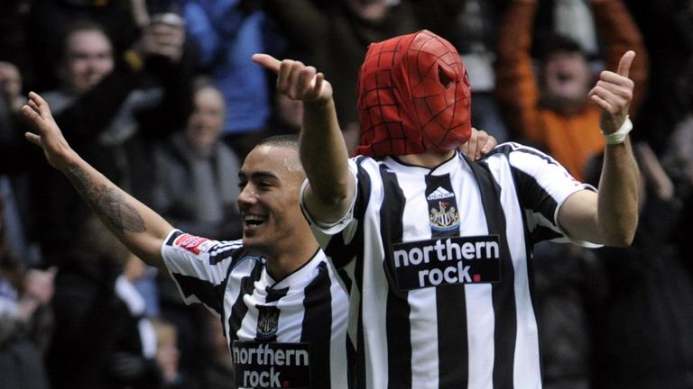Jonas Gutierrez dons his Spider Man mask after scored fourth goal during the championship match between Newcastle United and Barnsley at St James' Park
