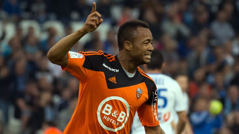 Lorient's forward Jordan Ayew celebrates after scoring a goal during the French L1 football match between 