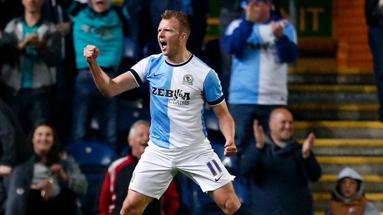 Blackburn's Jordan Rhodes celebrates after scoring against Millwall