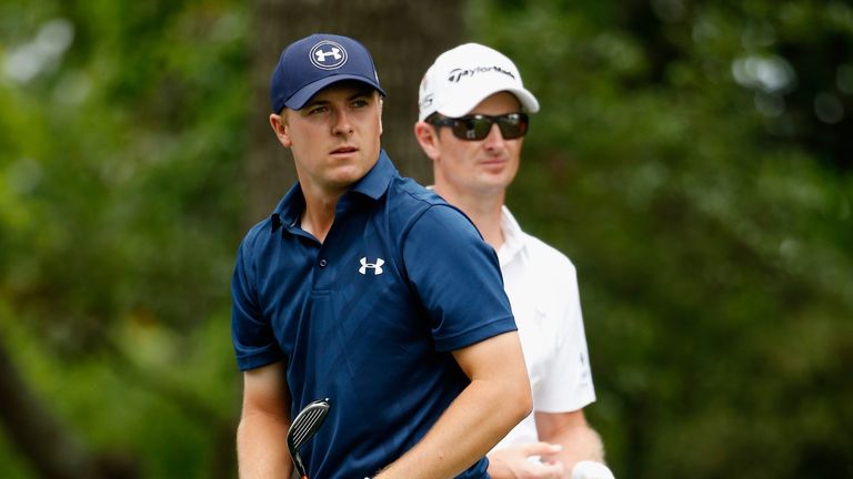 Jordan Spieth of the United States and Justin Rose of England wait together on the second tee, Masters final round, Augusta