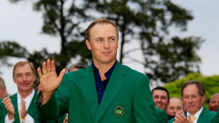 AUGUSTA, GA - APRIL 12:  Jordan Spieth of the United States poses with the green jacket after winning the 2015 Masters Tournament