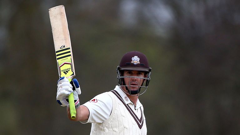 Kevin Pietersen celebrates passing 150 on his return to action for Surrey