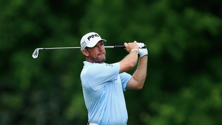 Lee Westwood hits a shot on the fifth hole during the second round at Augusta National.