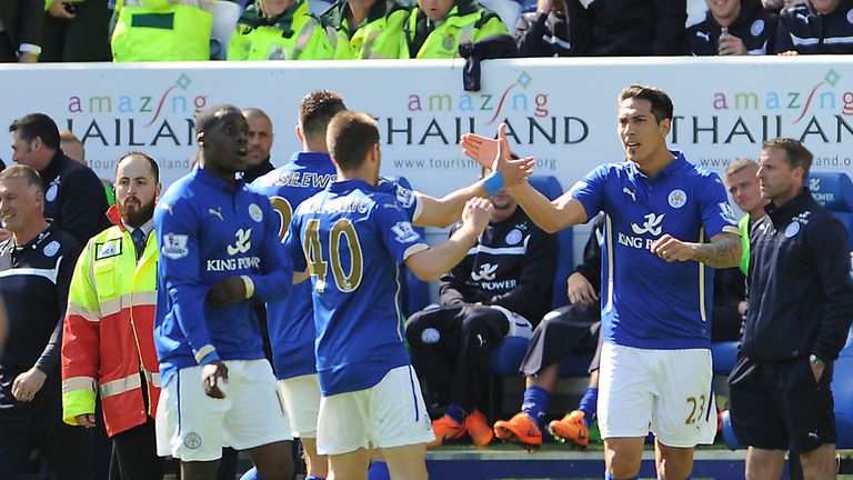 Leicester City's Leonardo Ulloa (right) celebrates scoring 