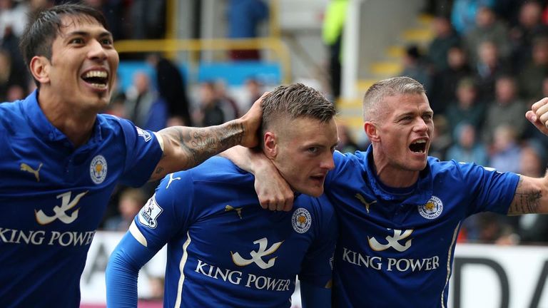 Leicester City's Jamie Varney celebrates with Leonardo Ulloa and Paul Konchesky (right) 