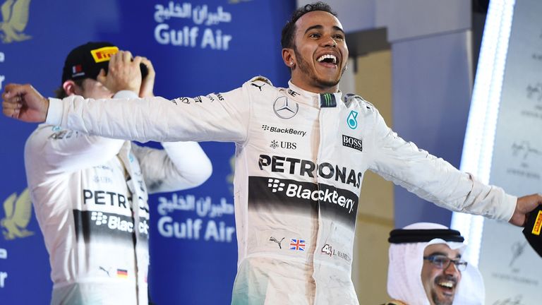 Lewis Hamilton celebrates after winning in Bahrain
