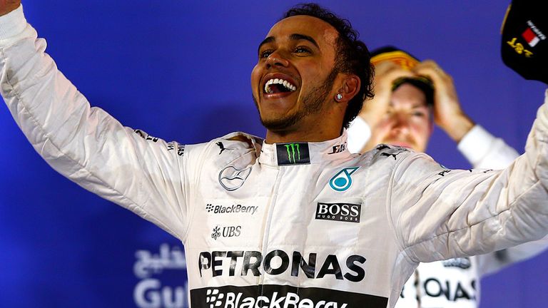 Lewis Hamilton celebrates in Bahrain
