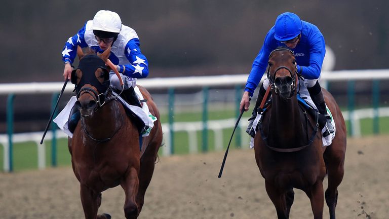 Lightscameraction, (left) ridden by Luke Morris comes home to win The Unibet 3 Year Old Sprint All-Weather Championships
