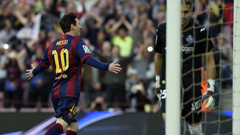 Barcelona's Argentinian forward Lionel Messi celebrates after scoring a goal during the Spanish league football 