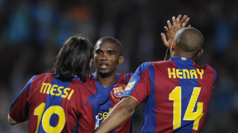 FC Barcelona's Thierry Henry (R), Samuel Eto'o (C) and Leo Messi (R) celebrate the first goal during their Spanish League football match against Mallorca o