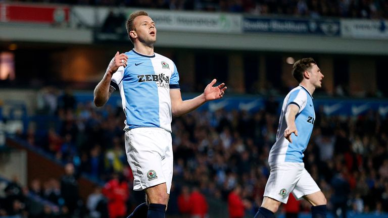 Blackburn Rovers' Jordan Rhodes reacts during the FA Cup quarter-final replay against Liverpool