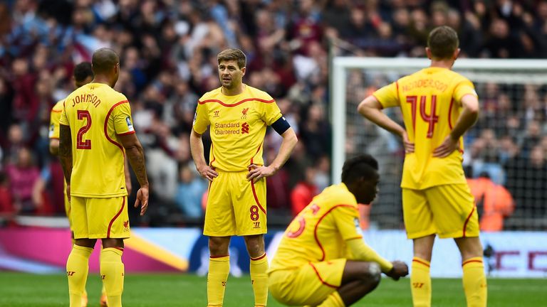 Steven Gerrard of Liverpool can't hide his disappointment at the end of the FA Cup semi final against Aston Villa at Wembley Stadium on April 19, 2015