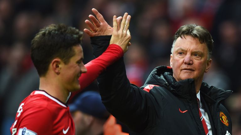 Louis van Gaal celebrates with Ander Herrera