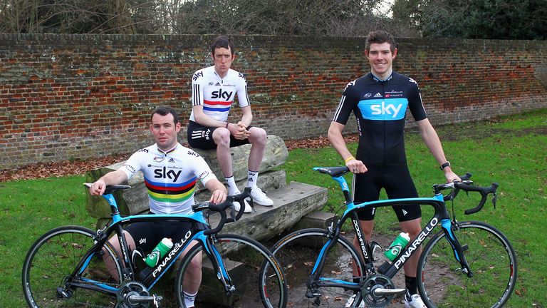 Mark Cavendish, Bradley Wiggins and Luke Rowe of Great Britain pose as Team Sky Unveils its 2012 Squad at Syon Park Wa