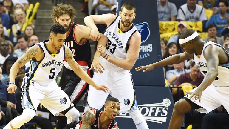Marc Gasol (33) at the heart of the action as the Memphis Grizzlies beat the Portland Trail Blazers