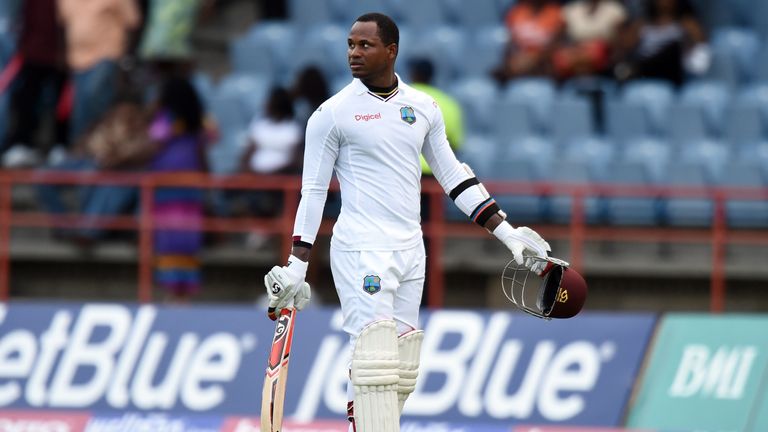 West Indies batsman Marlon Samuels leaves the field