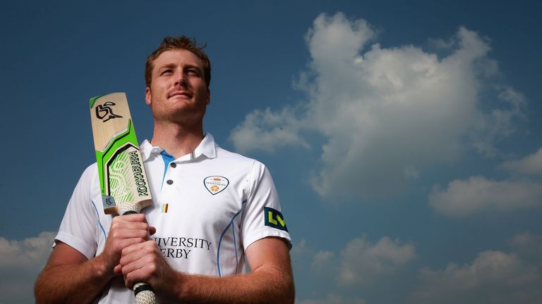 DERBY, ENGLAND - APRIL 09:  Martin Guptill of Derbyshire pictured during a Derbyshire CCC Photocall at The 3aaa County Ground on April 9, 2015 in Derby, En