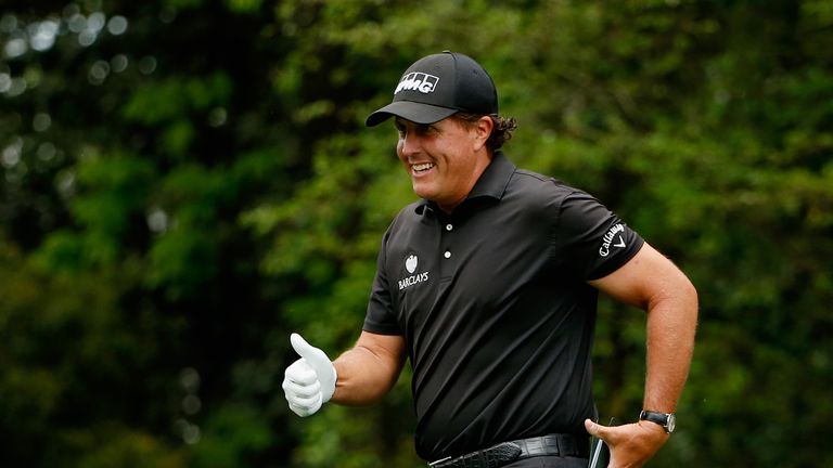 Phil Mickelson of the United States walks to the second tee during the final round of the 2015 Masters Tournament at Augusta on April 12, 2015