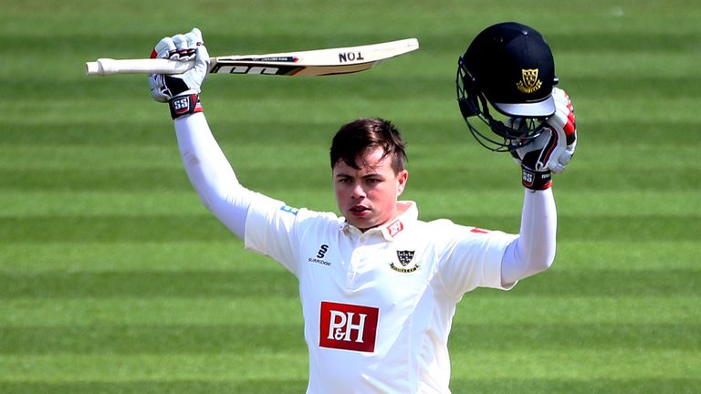 Matthew Machan celebrates his century during day one of the LV County Championship match between Sussex and Worcestershire at Hove