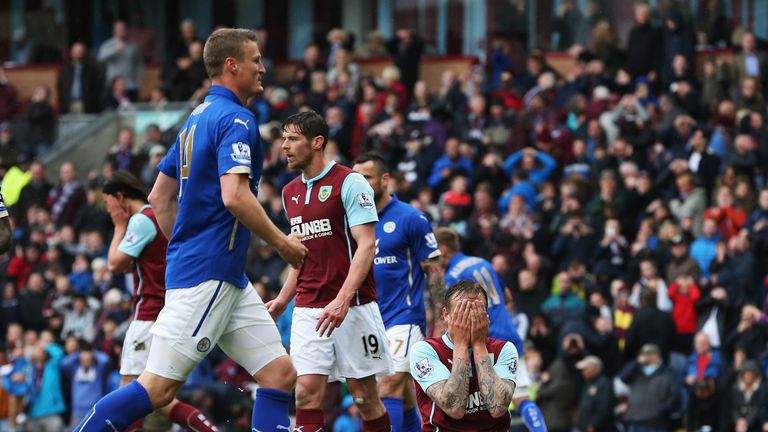 Matthew Taylor of Burnley reacts after a costly missed penalty Leicester scored soon after to add insult
