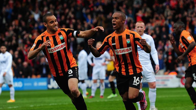 Mauro Vilhete of Barnet (R) celebrates with Curtis Weston of Barnet after scoring his side's opening goal
