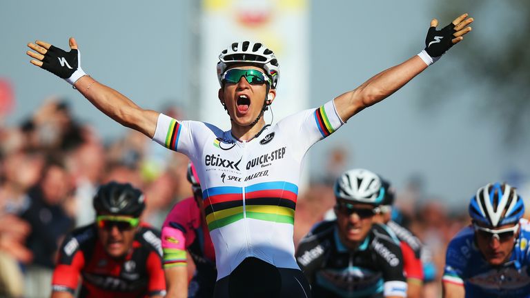 World Road Race Champion Michal Kwiatkowski of Poland and the Etixx-QuickStep team celebrates winning the 50th Amstel Gold Race