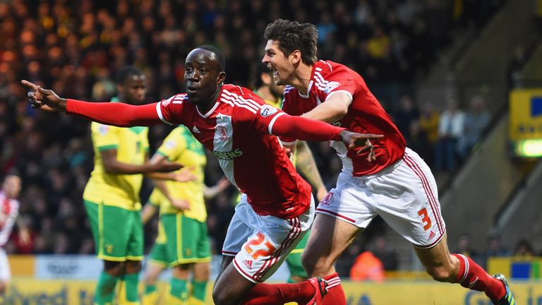 Albert Adomah and George Friend celebrate Middlesbrough's opening goal