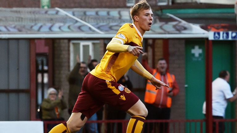 Lee Erwin celebrates after opening the scoring for Motherwell