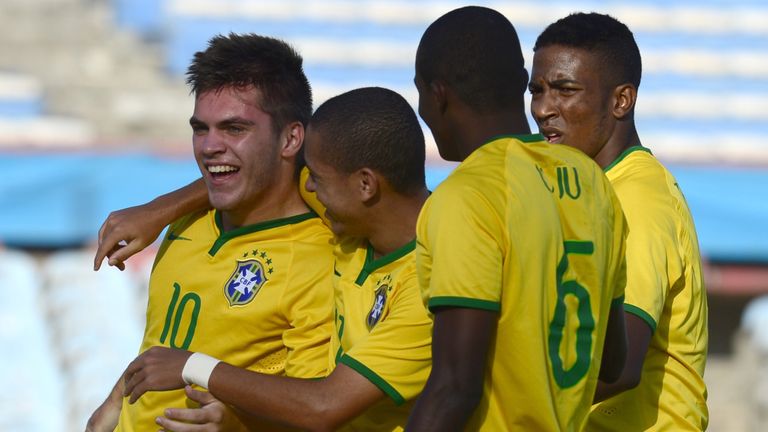 Nathan celebrates after scoring against Peru during their South American U-20 football match