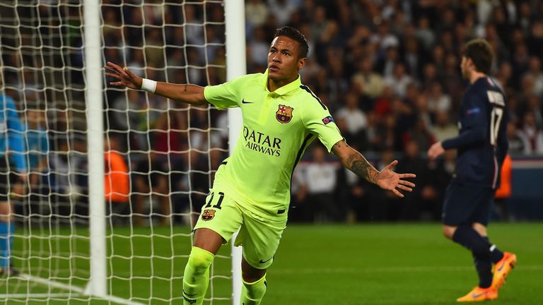 Neymar celebrates scoring the opening goal against PSG