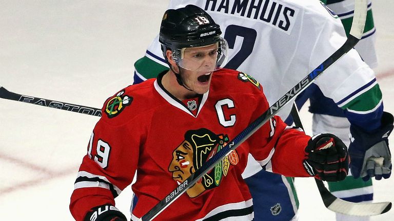 Jonathan Toews of the Chicago Blackhawks celebrates his third period goal against the Vancouver Canucks