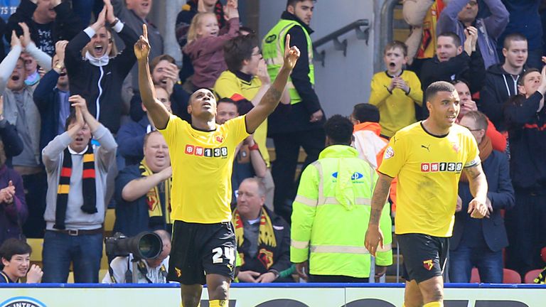 Watford's Odion Ighalo (left) celebrates scoring their second goal of the game during the Sky Bet Championship match at Vicarage Road, Watford.