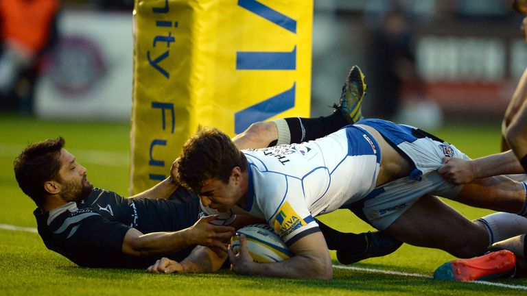 Ollie Devoto crashes over for Bath's opening try at Kingston Park