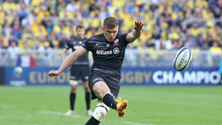  Owen Farrell of Saracens kicks a penalty during the European Rugby Champions Cup semi final match against Clermont