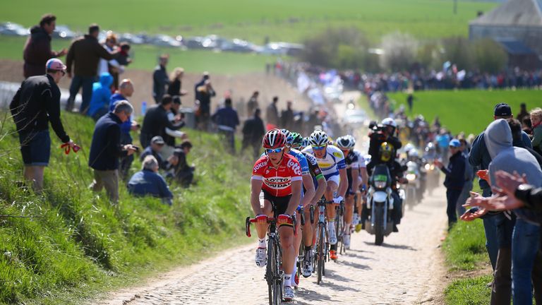 Sean De Bie of Belgium and Lotto-Soudal leads the break away group during the 113th edition of the Compiegne- Roubaix cycle race