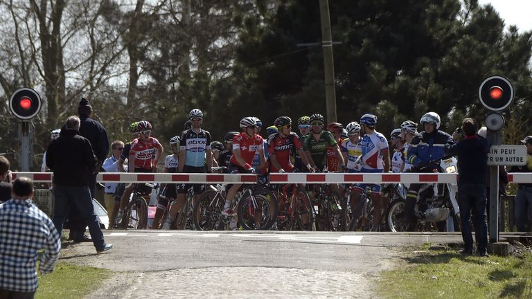 The pack is stopped at a level during the 113th edition of the Paris-Roubaix Paris-Roubaix one-day classic 