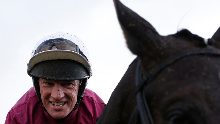 NAAS, IRELAND - APRIL 29: A delighted Paul Carberry after riding Don Cossack to win The Bibby Financial Services Ireland Punchestown Gold Cup at Punchestow