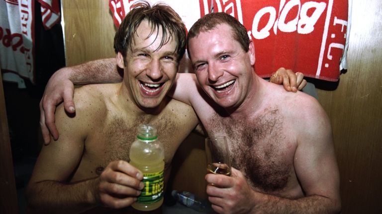 3 May 1998:  Paul Gascoigne and Paul Merson of Middlesbrough celebrate a return to top flight football after a Nationwide Division One match against Oxford