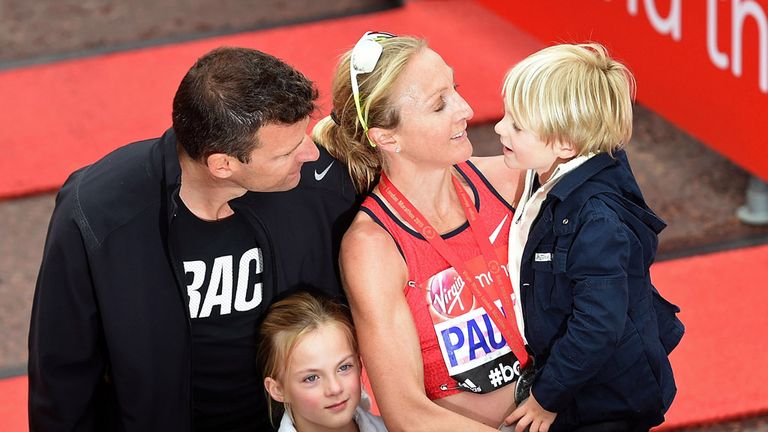 LONDON, ENGLAND - APRIL 26:  Paula Radcliffe of Great Britain poses for photos with husband Gary Lough and childern Raphael and Isla after cometing in the 