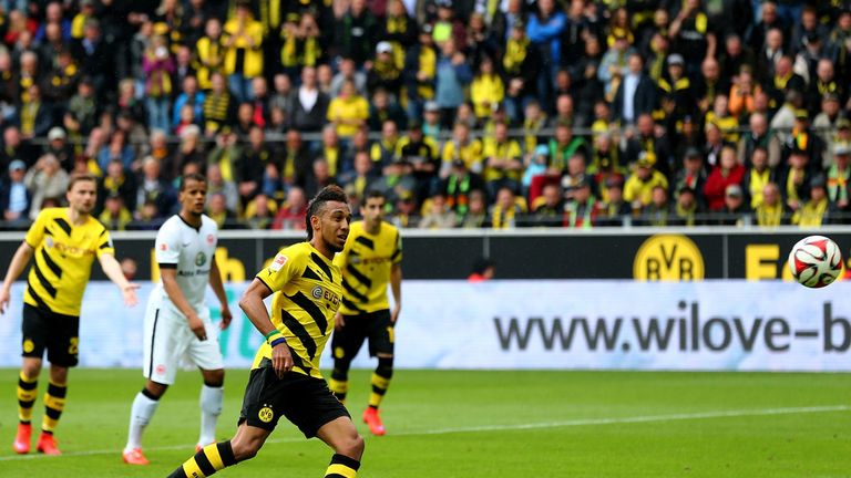 DORTMUND, GERMANY - APRIL 25: Pierre Emerick Aubameyang of Dortmund scores his team's opening goal 