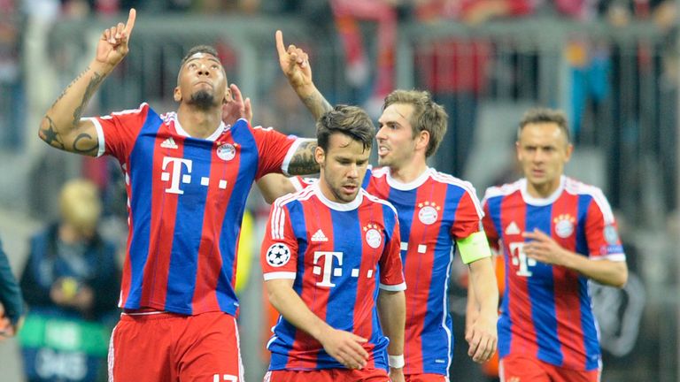 Jerome Boateng celebrates after scoring for Bayern Munich against Porto in the Champions League