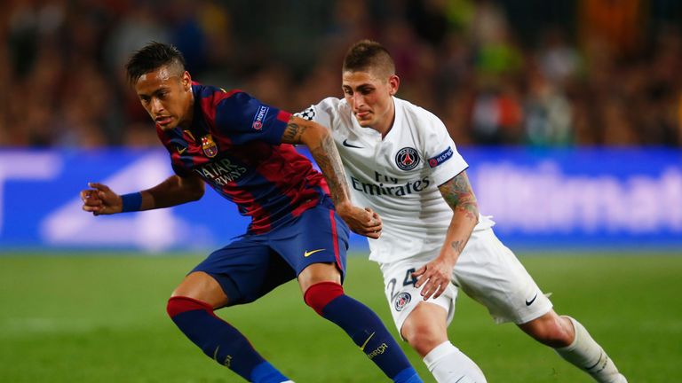 Neymar of Barcelona takes on Marco Verratti of PSG during the UEFA Champions League Quarter Final second leg match
