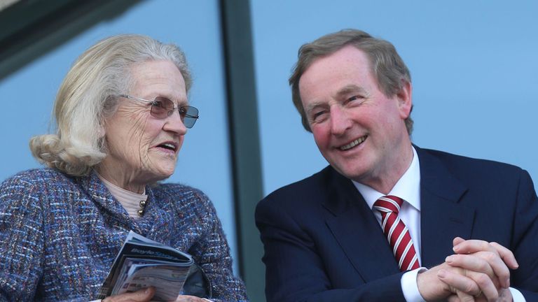Taoiseach Enda Kenny Shares a joke with Wille Mullins' mother Maureen during BoyleSports Irish Grand National day.