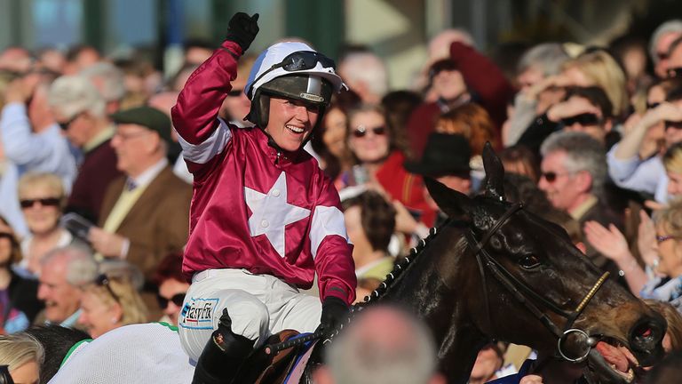 Katie Walsh celebrates after guiding Thunder And Roses to victory in the BoyleSports Irish Grand National at Fairyhouse.