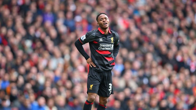 LONDON, ENGLAND - APRIL 04:  Raheem Sterling of Liverpool reacts after a missed opportunity during the Barclays Premier League match between Arsenal and Li