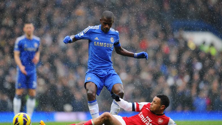 Ramires of Chelsea is tackled by Francis Coquelin of Arsenal during the Barclays Premier League match in January 2013