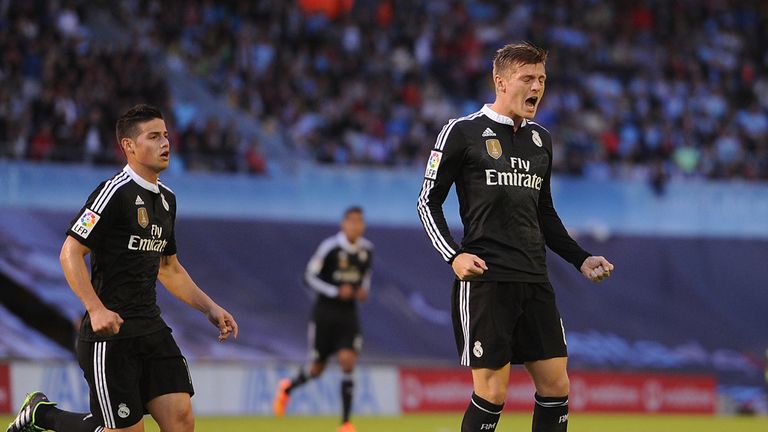 Toni Kroos of Real Madrid celebrates after scoring Real's opening goal during the La Liga match between Celta Vigo and Real Madrid